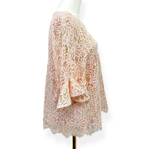 Nanette Lepore Floral Lace Crew Neck Bell Sleeve Top Shirt Large Light Pink - Picture 10 of 14